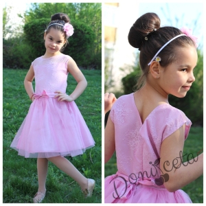 Официална детска рокля Мелиса от дантела в розово с тюл
