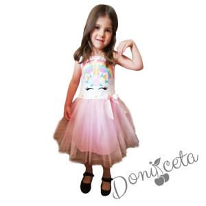 Детска рокля  без ръкав с Пони/Еднорог с тюл в розово