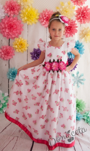 Официална детска дълга рокля Сави  на цветя в розово