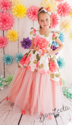 Официална детска дълга рокля Мишел на цветя в прасковено