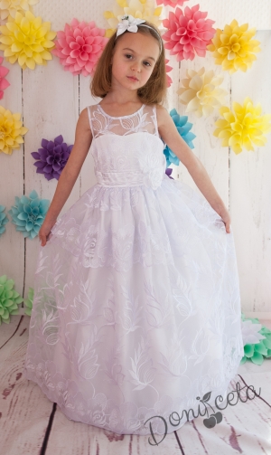 Официална детска дълга рокля в бяло с тюл до земята и голяма панделка Юлия 
