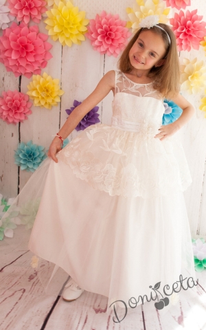 Официална детска дълга рокля Анна в екрю с голяма панделка 