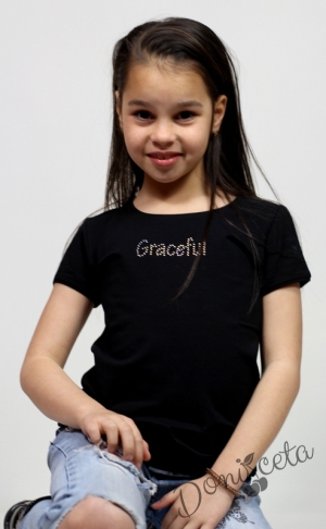Детска тениска/блузка с къс ръкав в черно с надпис 6
