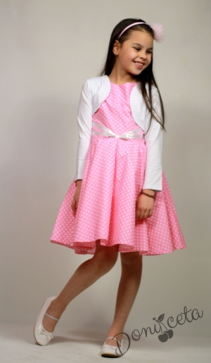 Официална или ежедневна памучна детска рокля в розово на точки тип клош с болеро в бяло Дени