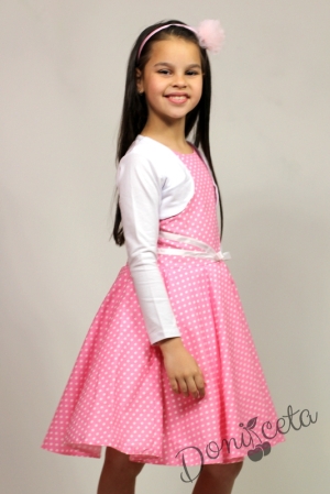 Официална или ежедневна памучна детска рокля в розово на точки тип клош с болеро в бяло Дени