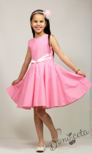 Официална или ежедневна памучна детска рокля Дени клош в розово на точки