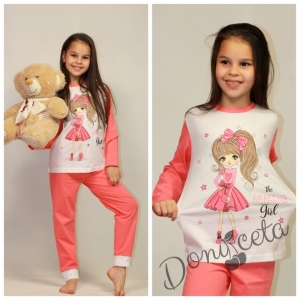 Детска пижама  с дълъг ръкав с момиченце  в прасковено