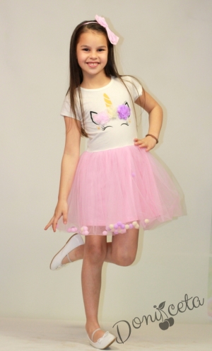 Детска рокля в екрю с Еднорог  и тюл в розово