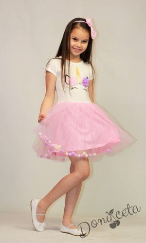 Детска рокля в екрю с Еднорог  и тюл в розово