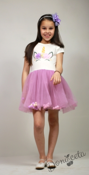 Детска рокля в бяло с Еднорог  и тюл в лилаво