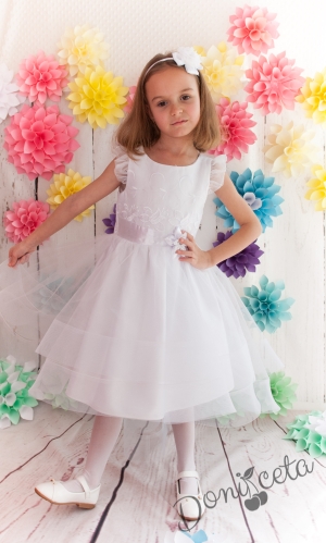 Официална детска рокля с тюл в бяло с голяма панделка отзад Жени