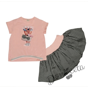 Детски комплект от 2 части - тениска/блузка с къс ръкав в розово и карирана пола 