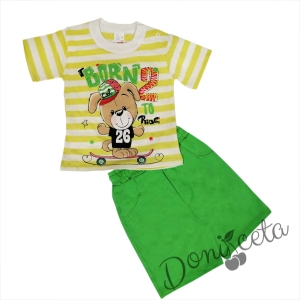 Летен детски/бебешки комплект от блузка на райе и панталонки зелено за момче