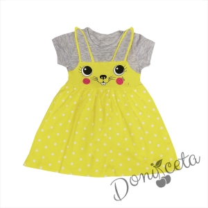 Бебешка  или детска рокличка в сиво и жълто с илюстрация на зайче