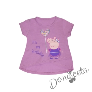 Детска  блузка/тениска с къс ръкав в лилаво с прасето Пепа