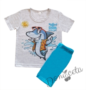 Детска пижама за момче с къс ръкав с илюстрация на акула в сиво