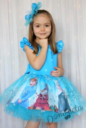 Детска официална рокля с къс ръкав с Анна и Елза от Замръзналото кралство в светлосиньо с панделка за коса