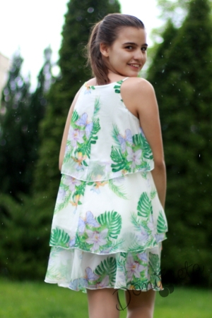 Лятна детска рокля на воали без ръкав в бяло на  цветя