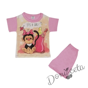 Детска пижама с маймунка в розово