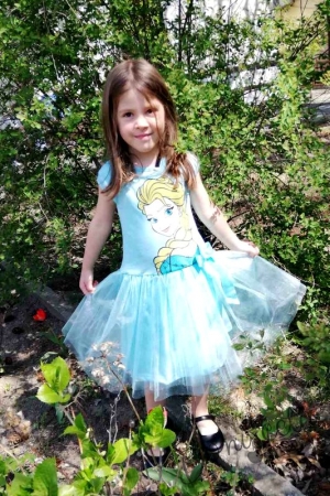 Детска рокля  с къс ръкав с Елза  от Замръзналото Кралство и тюл в тюркоаз/мента