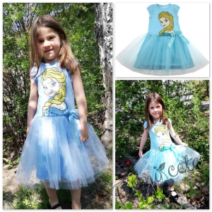 Детска рокля  с къс ръкав с Елза  от Замръзналото Кралство и тюл в светлосиньо