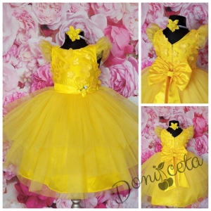 Официална детска рокля Зария с голяма панделка с 3D пеперуди и с тюл в жълто