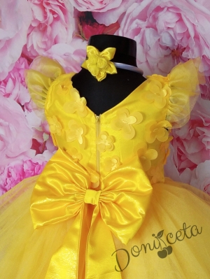 Официална детска рокля Зария с голяма панделка с 3D пеперуди и с тюл в жълто