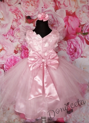 Официална детска рокля Калия с голяма панделка с 3D пеперуди и с тюл в розово