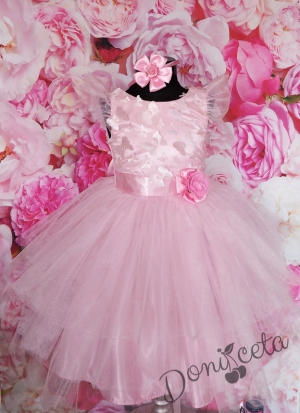 Официална детска рокля Калия с голяма панделка с 3D пеперуди и с тюл в розово