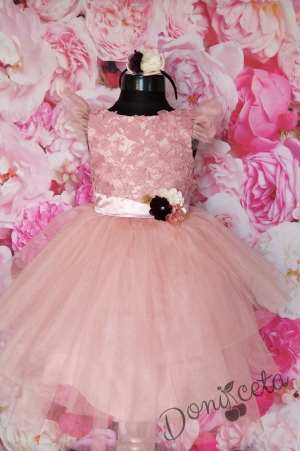 Официална детска рокля Зори с голяма панделка отзад, с 3D пеперуди и с тюл в пепел от рози