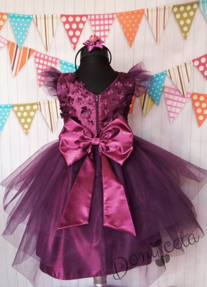 Официална детска рокля Джули с голяма панделка с 3D пеперуди и с тюл в лилаво