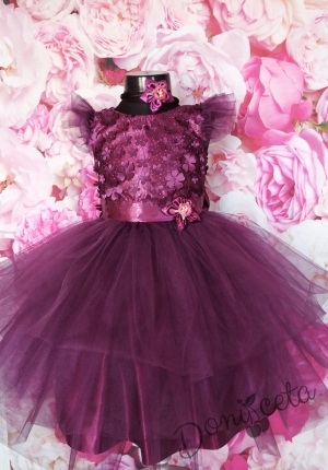 Официална детска рокля Джули с голяма панделка с 3D пеперуди и с тюл в лилаво