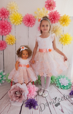 Официална детска/бебешка рокля Ирен от дантела на цветя в прасковено 