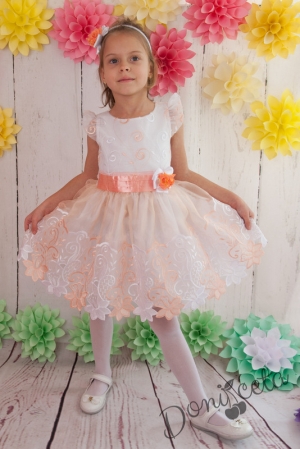 Официална детска/бебешка рокля Ирен от дантела на цветя в прасковено 