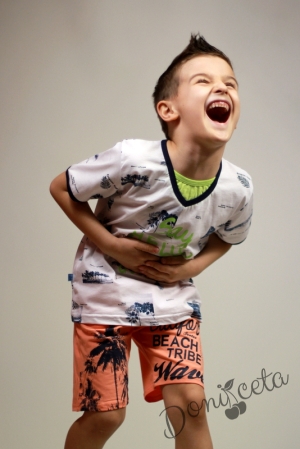 Комплект от детска тениска за момче с палми в зелено с къси панталонки в оранжево