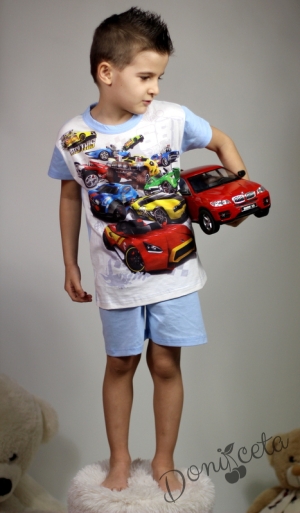 Детска пижама с къс ръкав за момче  в светлосиньо с коли