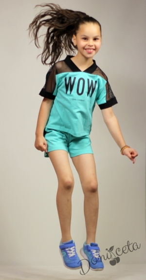 Комплект момиче тениска и къси панталони в тюркоаз/мента с мрежа Contrast 8
