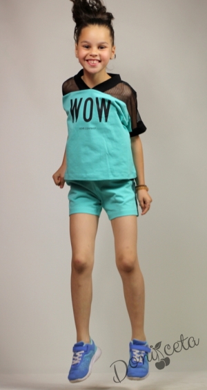 Комплект момиче тениска и къси панталони в тюркоаз/мента с мрежа Contrast 11
