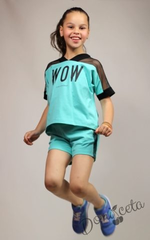 Комплект момиче тениска и къси панталони в тюркоаз/мента с мрежа Contrast 16
