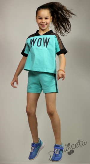 Комплект момиче тениска и къси панталони в тюркоаз/мента с мрежа Contrast 22