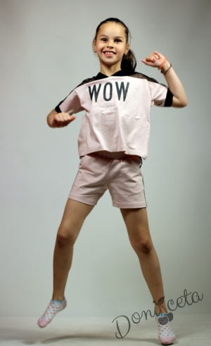 Летен комплект за момиче от тениска с мрежа и къси панталони в пепел от рози Contrast 5