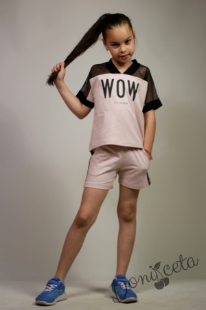 Летен комплект за момиче от тениска с мрежа и къси панталони в пепел от рози Contrast 9
