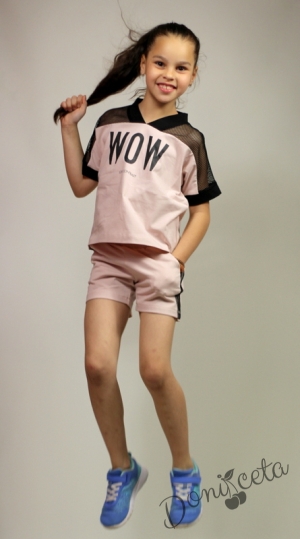 Летен комплект за момиче от тениска с мрежа и къси панталони в пепел от рози Contrast 11