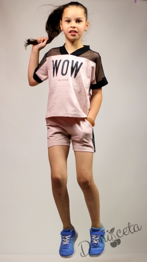 Летен комплект за момиче от тениска с мрежа и къси панталони в пепел от рози Contrast 14