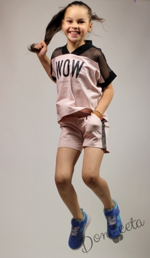 Летен комплект за момиче от тениска с мрежа и къси панталони в пепел от рози Contrast 15