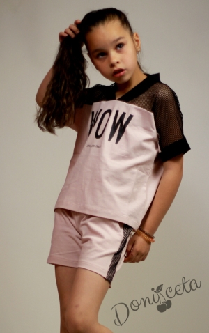 Летен комплект за момиче от тениска с мрежа и къси панталони в пепел от рози Contrast 17