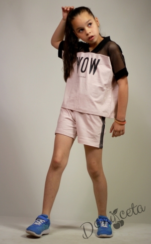 Летен комплект за момиче от тениска с мрежа и къси панталони в пепел от рози Contrast 18