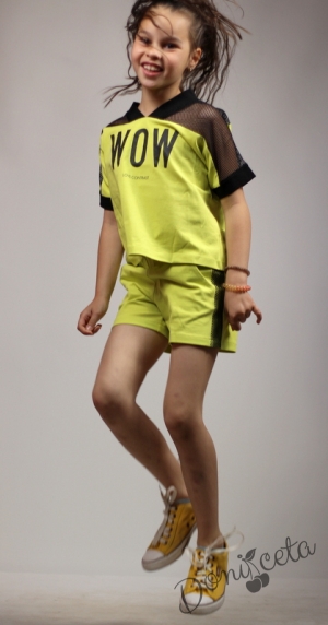 Летен комплект за момиче от тениска с мрежа и къси панталони в зелено 7