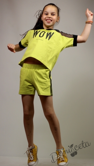 Летен комплект за момиче от тениска с мрежа и къси панталони в зелено 8