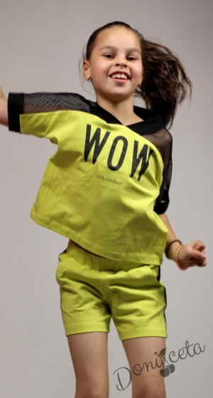 Летен комплект за момиче от тениска с мрежа и къси панталони в зелено 9